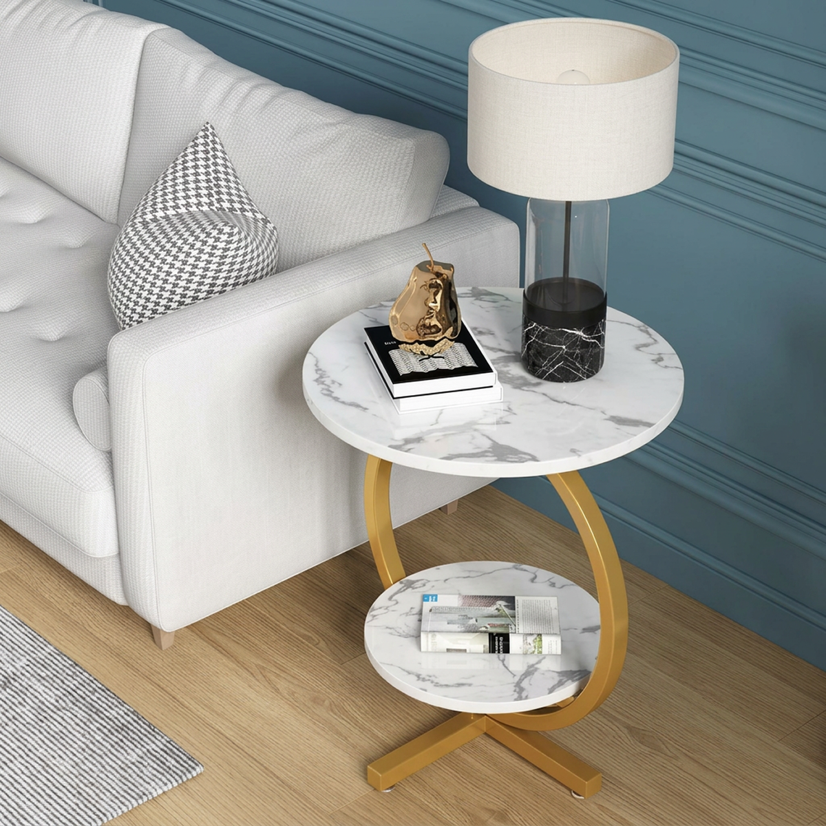 Masuta de Cafea Rotunda cu 2 Nivele | Blat Alb Aspect Marmura | Etajera Inferioara