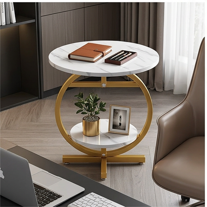 Măsuță Rotundă cu 2 Niveluri și Cadru Auriu Circular, Blat cu Aspect de Marmură, 49 cm