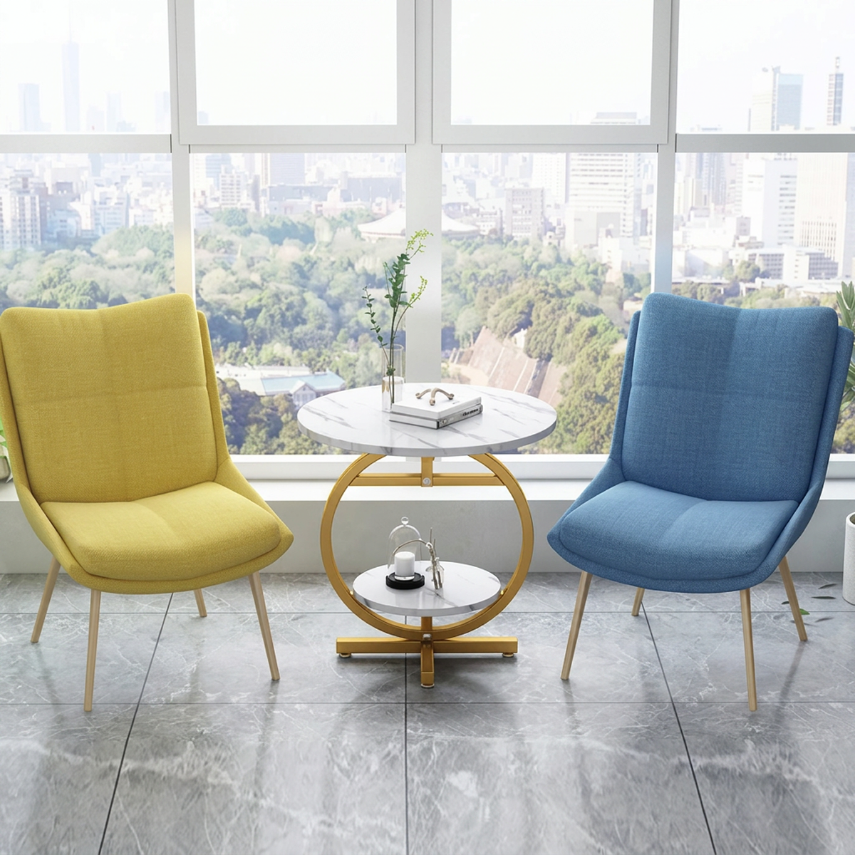 Masuta de Cafea Rotunda cu 2 Nivele | Blat Alb Aspect Marmura | Etajera Inferioara