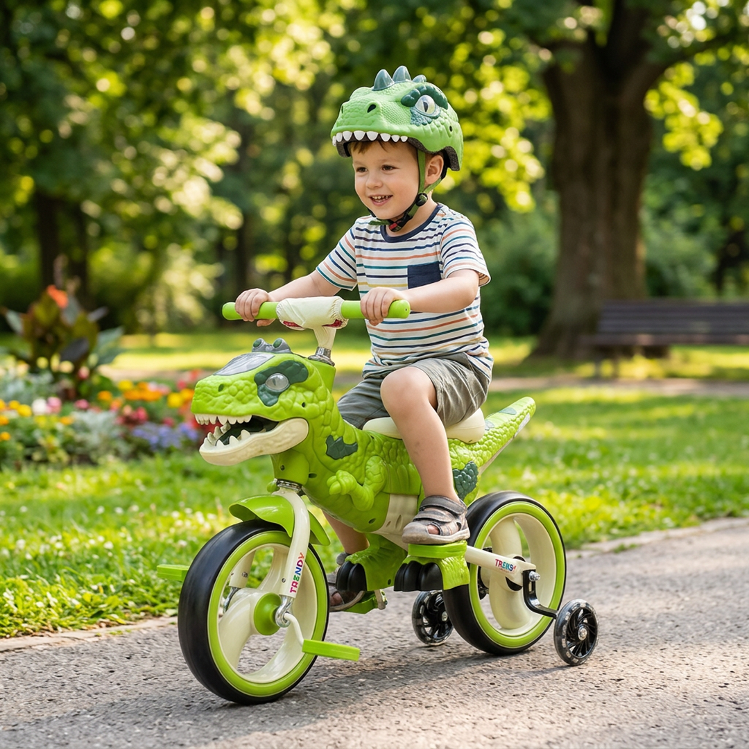 Tricicletă T-Rex 2 în 1 pentru Copii, Tricicletă și Bicicletă, Ochi LED și Răget