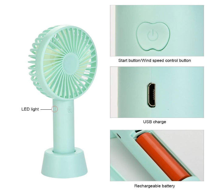 PROMO 1+1 GRATIS – Mini Ventilator Portabil cu Acumulator, Încărcare USB, 3 Trepte de Viteză, Autonomie 6 Ore