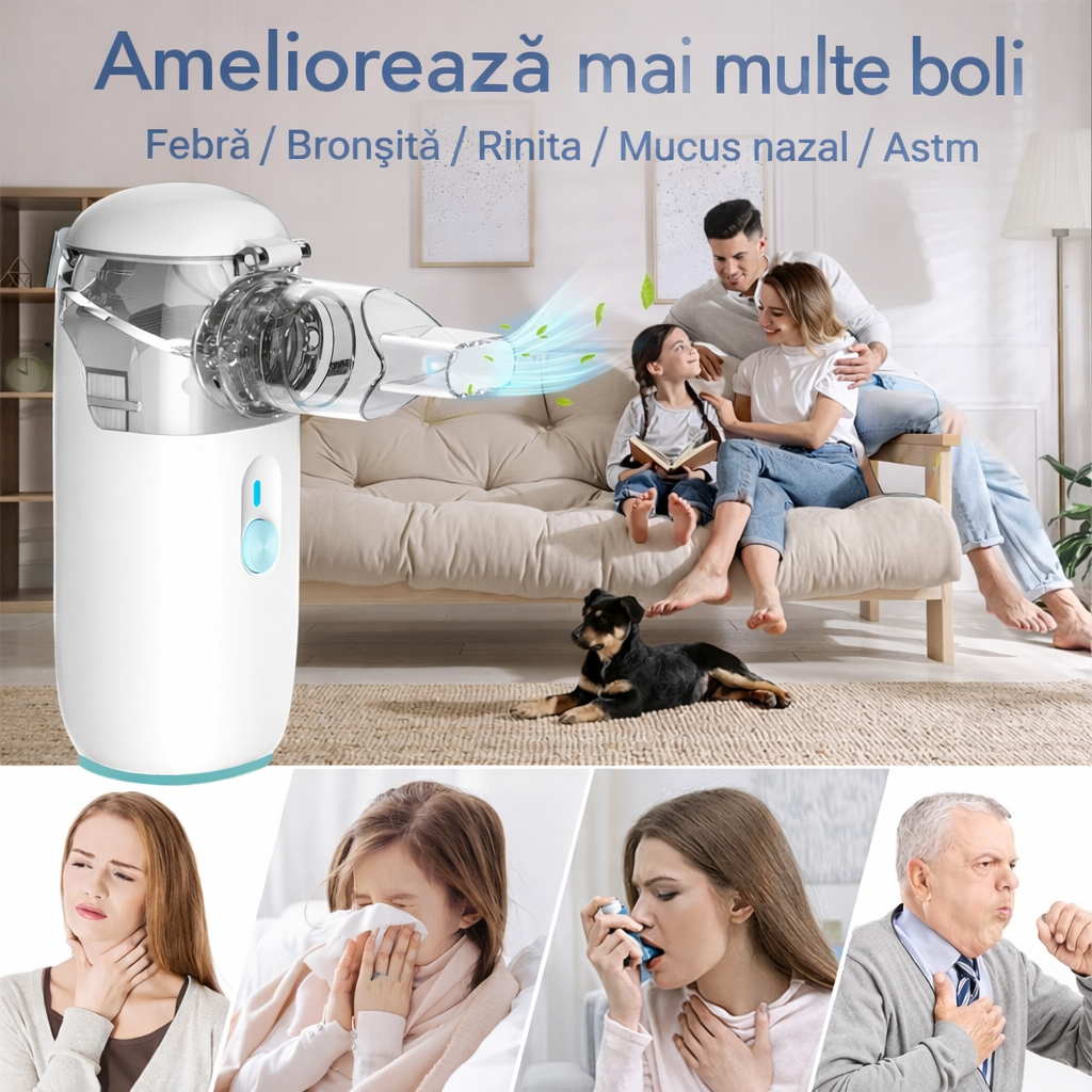 Aparat Aerosoli Portabil | Nebulizator Ultrasonic Cu Plasa | Ultra Silentios | Reincarcabil USB | Set Adulti Si Copii