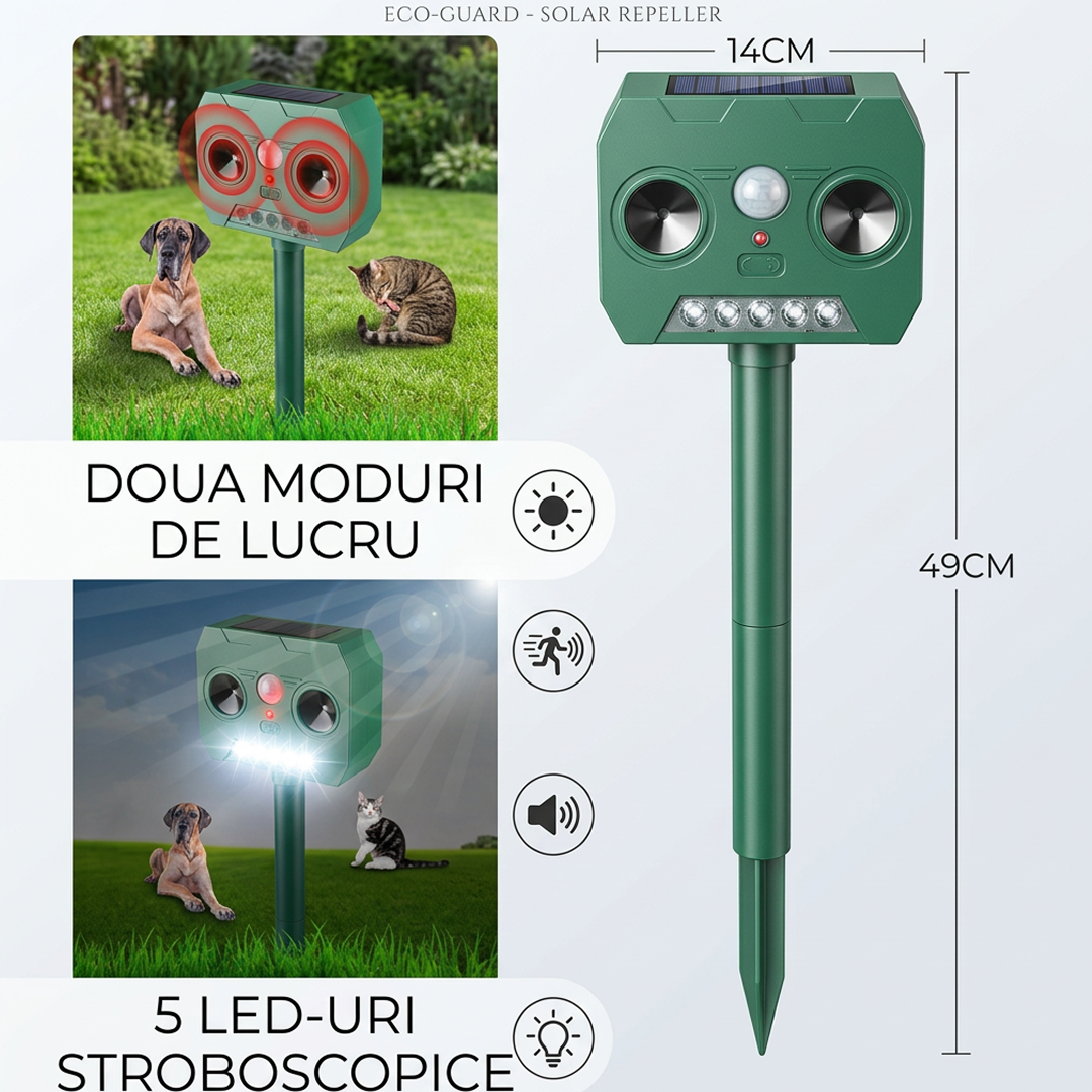 1+1 Promo Aparat Cu Ultrasunete Impotriva Animalelor Salbatice | Solar | 2 Moduri | Senzor Miscare | IP44