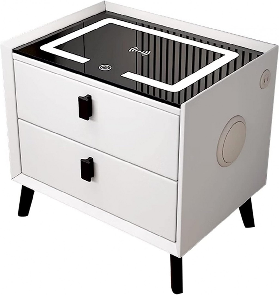 Noptiera Smart cu 2 Sertare | Incarcare Wireless si USB | LED Tactil  | Bluetooth | 40x40x45 cm | Alb