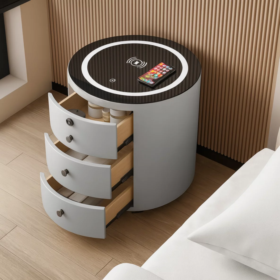 Noptieră Smart Rotundă Gri cu 3 Sertare, Încărcare Wireless, Boxă și Blocare cu Amprentă
