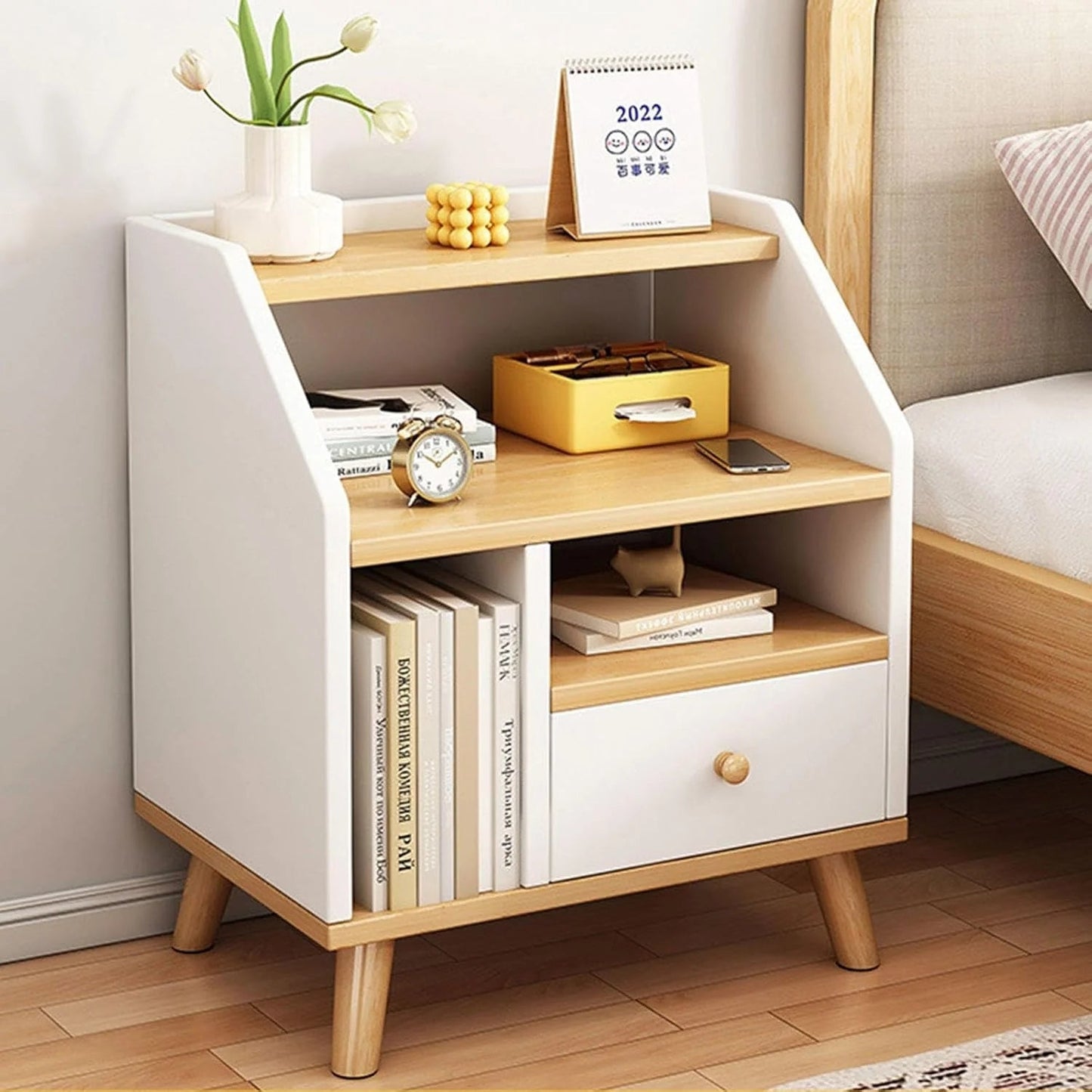 Noptiera Moderna cu Sertar si 3 Spatii de Depozitare | MDF | Stil Scandinav | Gri/Alb | 40x30x53 cm