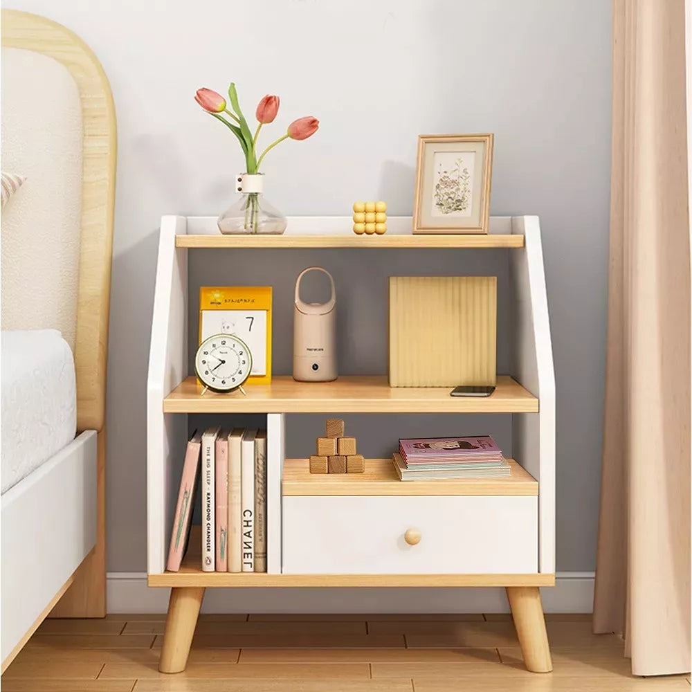 Noptiera Moderna cu Sertar si 3 Spatii de Depozitare | MDF | Stil Scandinav | Gri/Alb | 40x30x53 cm