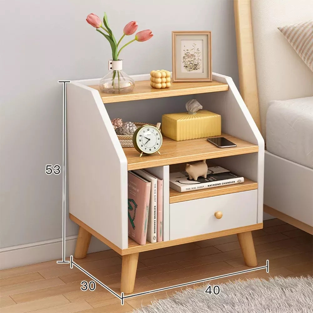 Noptiera Moderna cu Sertar si 3 Spatii de Depozitare | MDF | Stil Scandinav | Gri/Alb | 40x30x53 cm