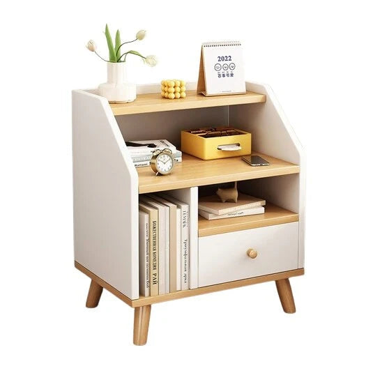 Noptiera Moderna cu Sertar si 3 Spatii de Depozitare | MDF | Stil Scandinav | Gri/Alb | 40x30x53 cm