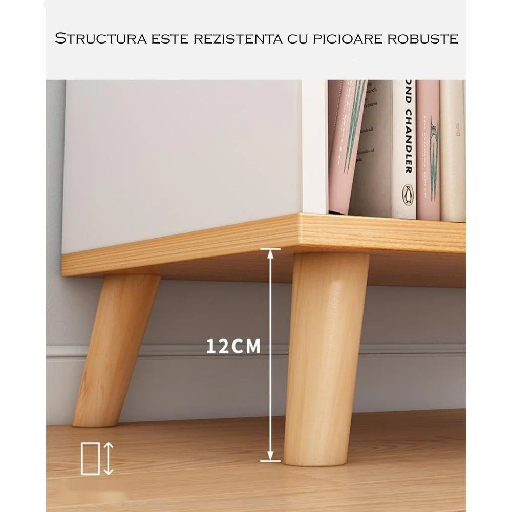 Noptiera Moderna cu Sertar si 3 Spatii de Depozitare | MDF | Stil Scandinav | Gri/Alb | 40x30x53 cm