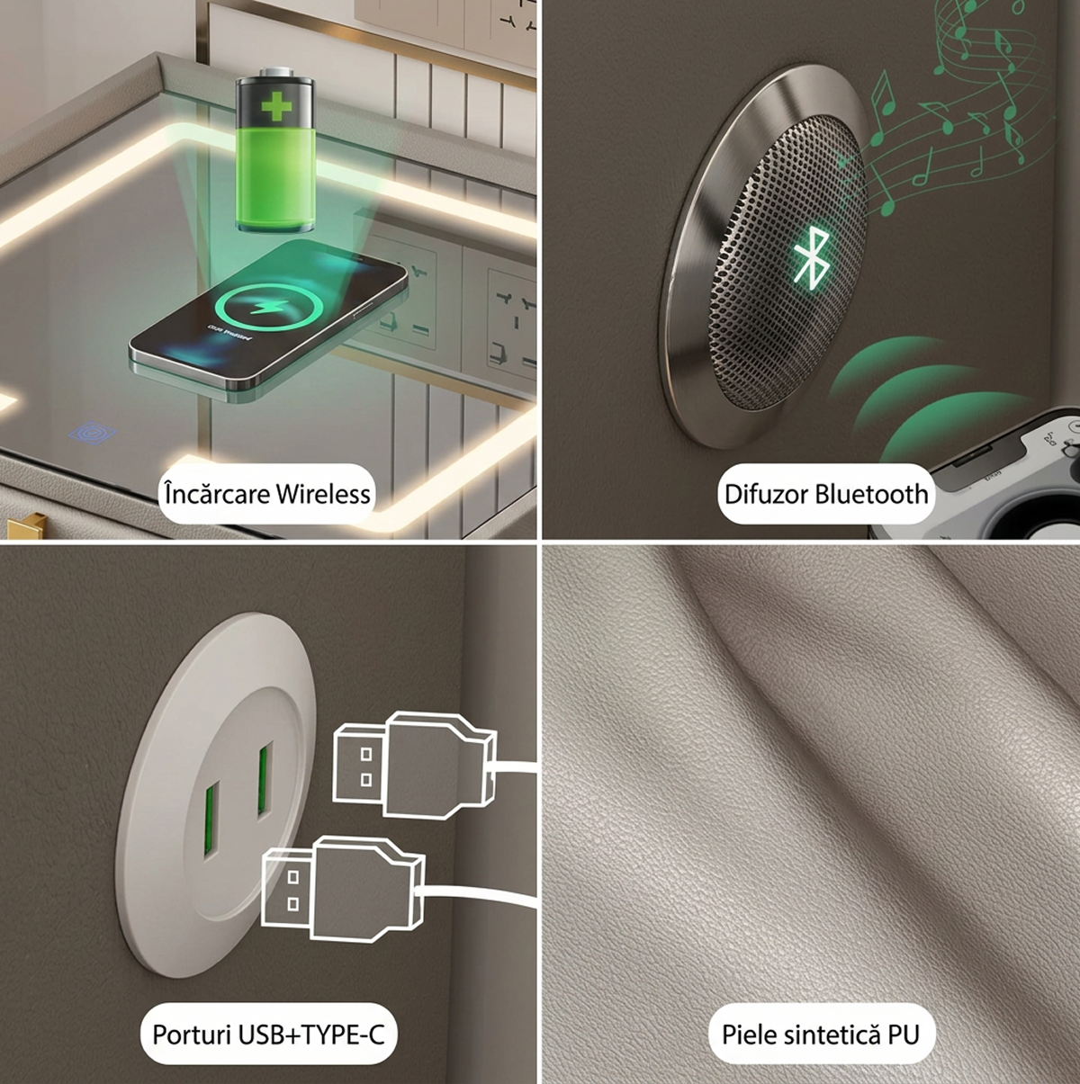 Noptiera Smart cu 2 Sertare | Incarcare Wireless si USB | LED Tactil  | Bluetooth | 40x40x45 cm | Alb