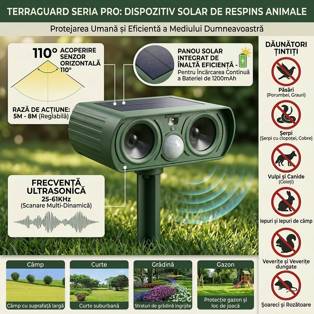 Repelent Ultrasonic Solar 38x14.5x9.5 Cm | Detectare Infrarosu | Panou Solar | ABS | Verde