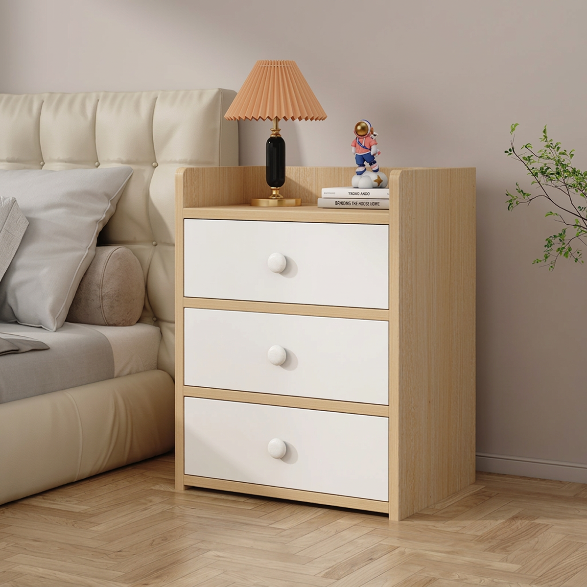 Noptiera Compacta cu 3 Sertare | PAL Melaminat | Natur cu Sertare Albe | 32.2x26x48 cm