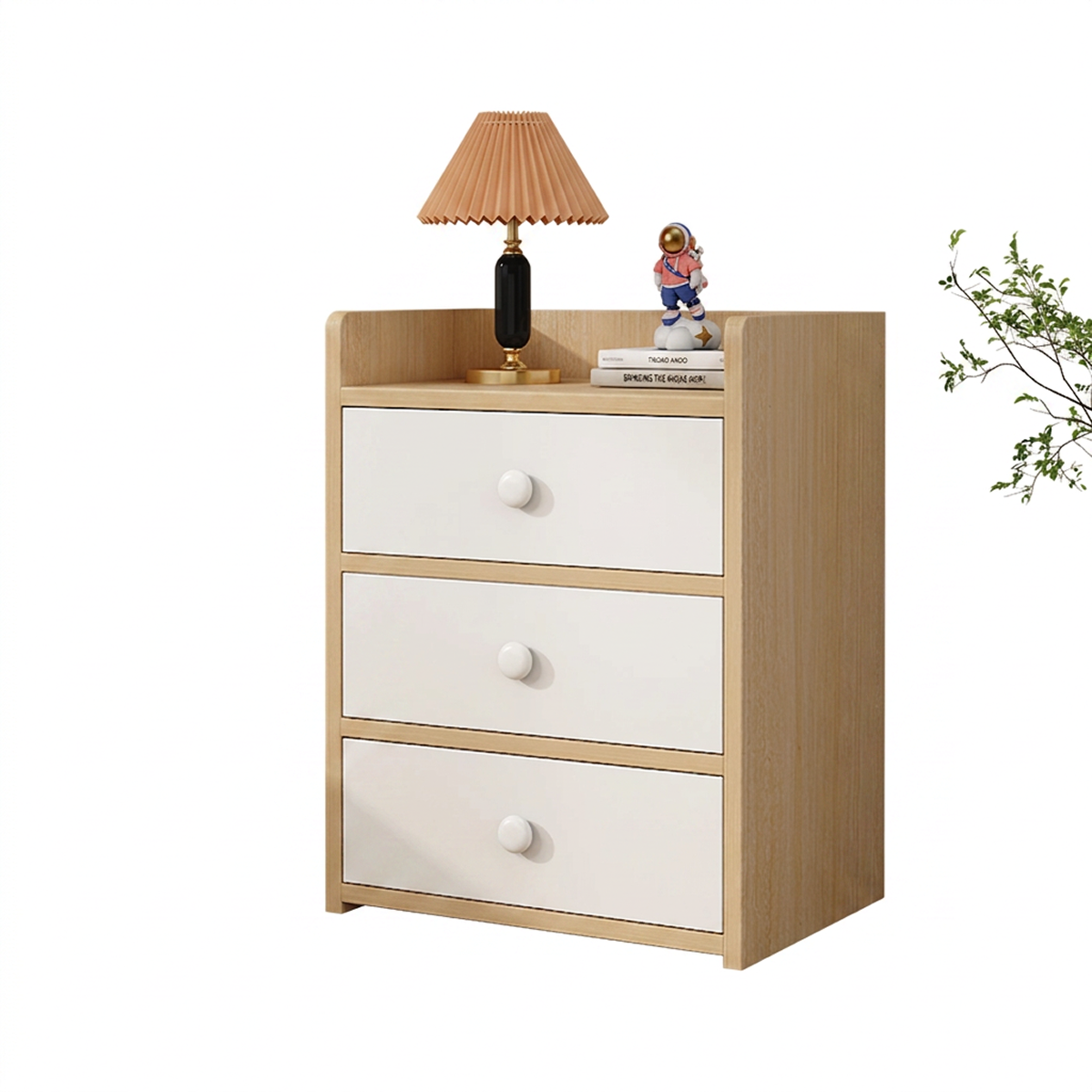 Noptiera Compacta cu 3 Sertare | PAL Melaminat | Natur cu Sertare Albe | 32.2x26x48 cm