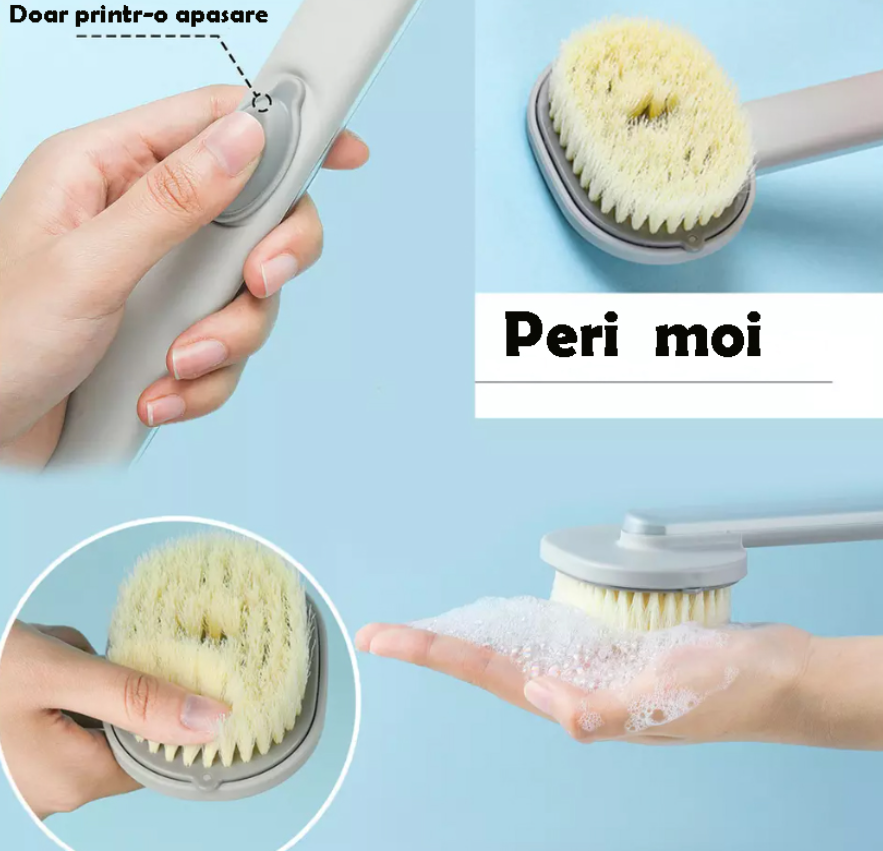 1 + 1 GRATIS - Perie de corp cu recipient pentru sapun, pulverizator sapun, cap detasabil