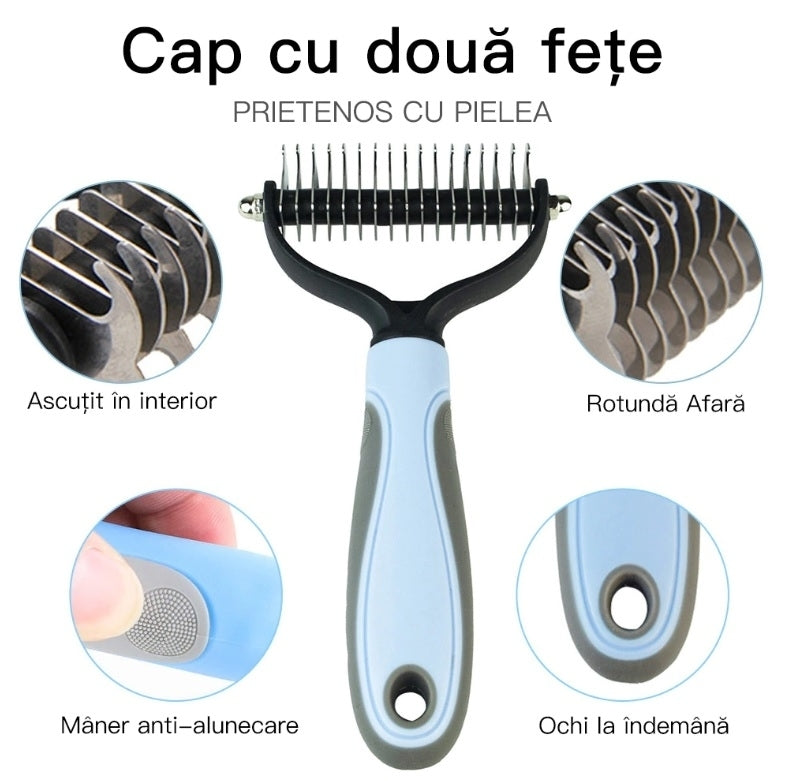 Perie pentru curatarea si ingrijirea parului de caini si pisici, 16 dinti, latime 9 cm,  Albastru/Roz