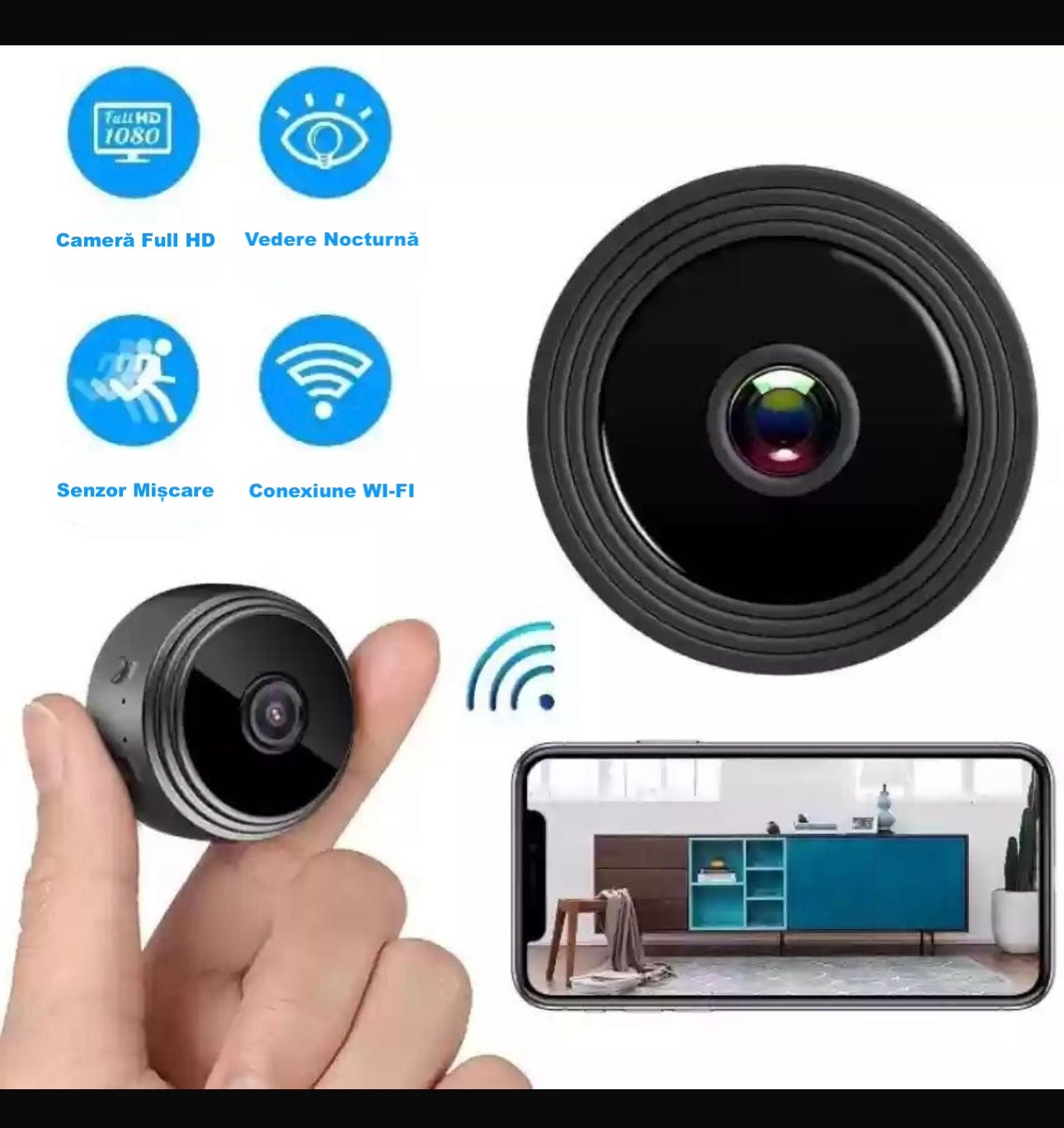 PROMO 1+1 Gratis, Camera de Dimensiuni Mici Wifi Full HD 1080p Suport Card 128gb, Vizualizare Live pe Telefon