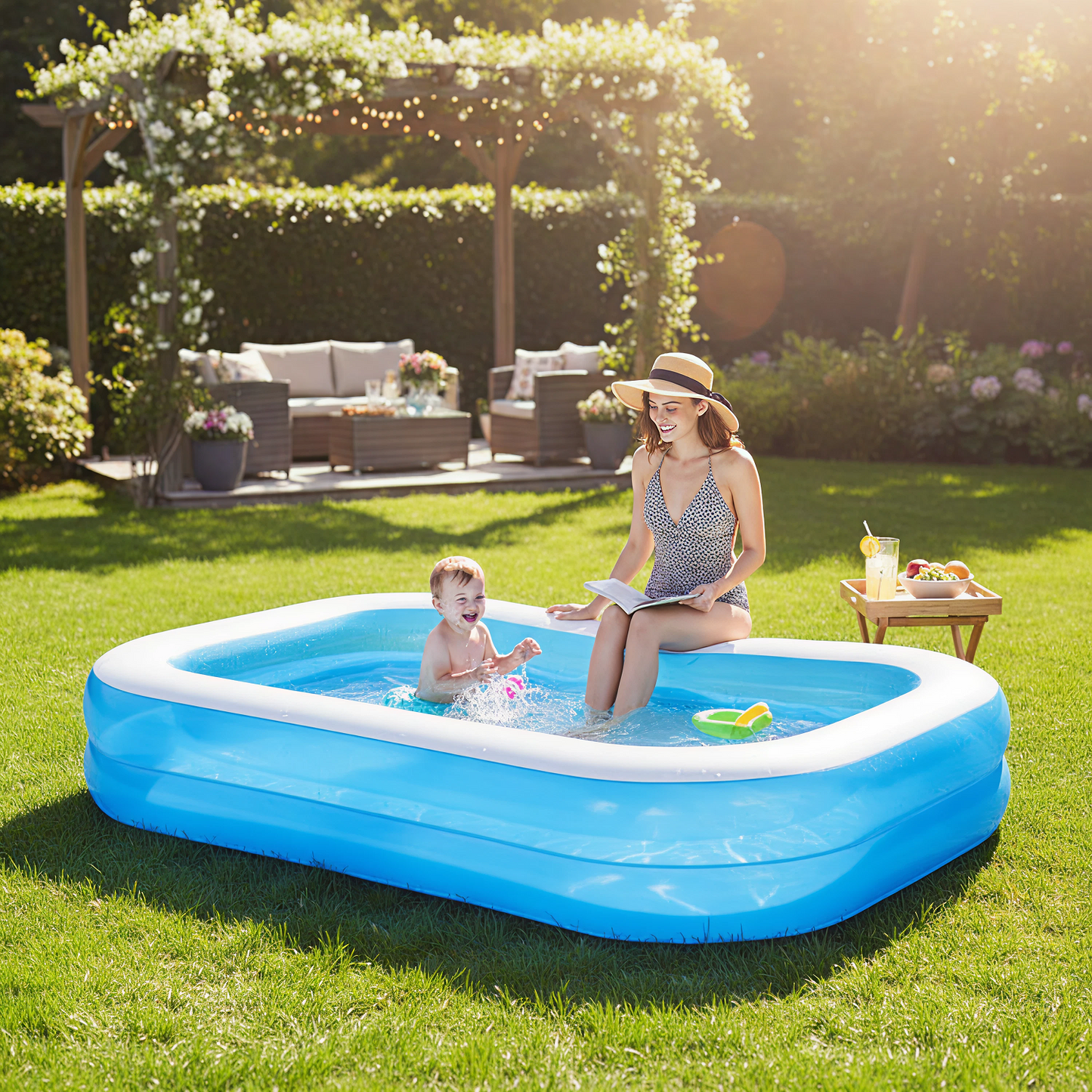 Piscina Gonflabila Familiala | PVC Rezistent | 200 x 140 x 40 cm | 2 Inele Gonflabile | Pentru Curte Si Gradina