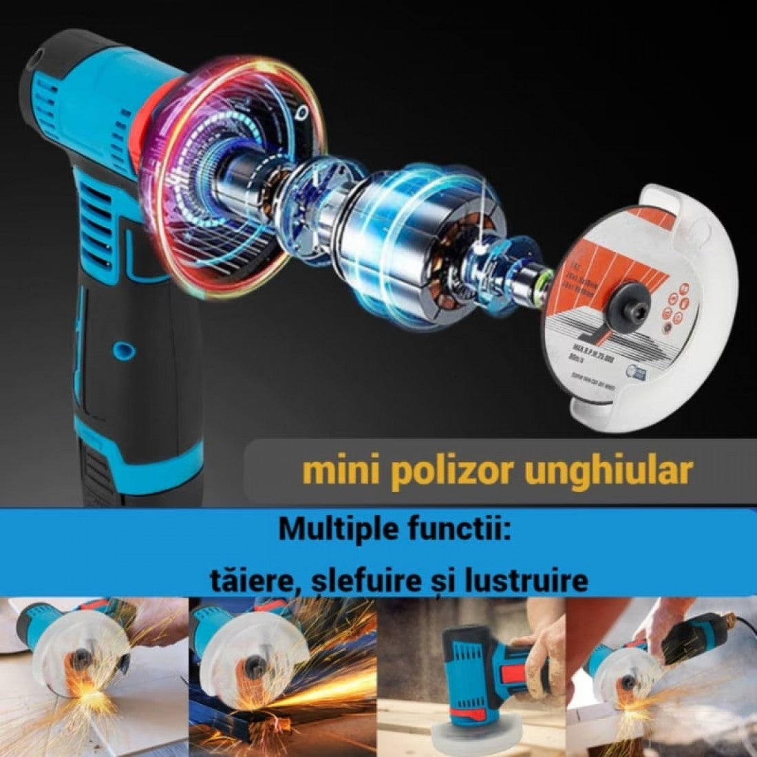 Mini Polizor Unghiular cu Acumulator 48V, Brushless, 5 Discuri 76 mm, 2 Acumulatori