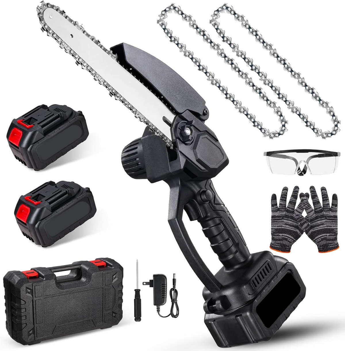 Mini Drujbă cu Acumulator, Lamă 8 inch, 2 Acumulatori 48V, 2 Lanțuri, Kit în Valiză