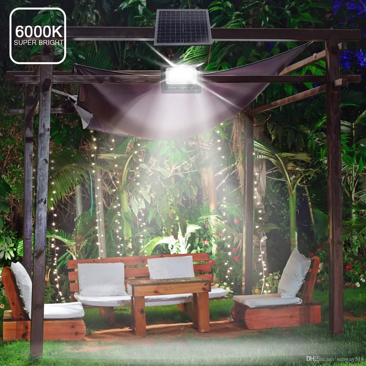 Proiector LED Solar cu Telecomandă și Temporizator 3/5/8 Ore, Lumină 6000K, IP66