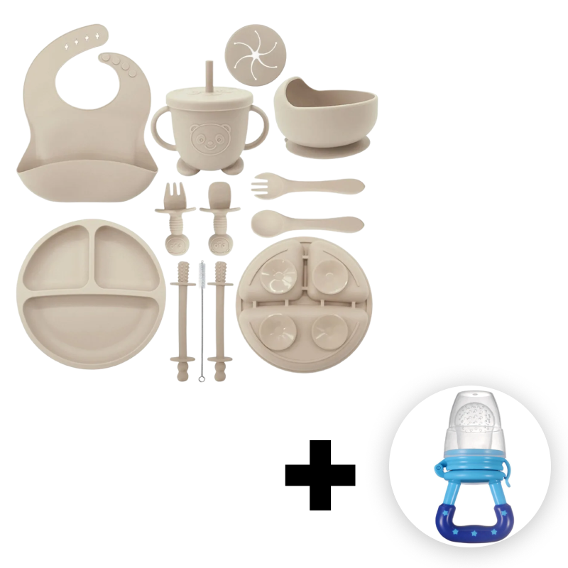 PROMO Set Complet Piese Hranire Bebe + Suzeta Pentru Fructe | Silicon Fara Alergeni | Diversificare: Baveta, Farfurie, Bol, Cana, Lingurita Si Furculita