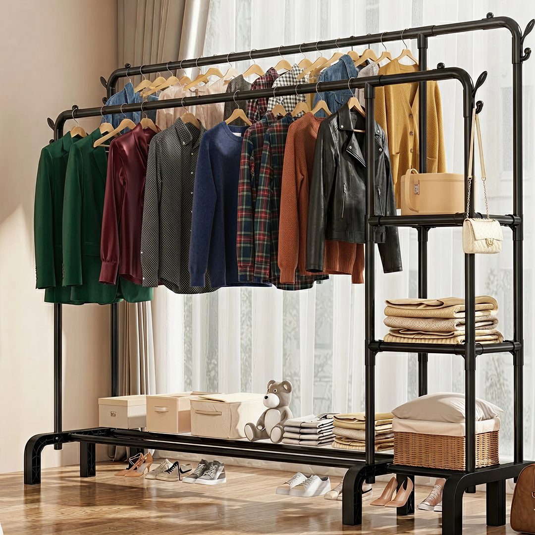 Stand Haine Dublu Metalic Negru | 2 Bare 50kg/bara | 3 Rafturi Depozitare | Suport Pantofi Integrat | 145x145cm | Dressing si Spatii Comerciale