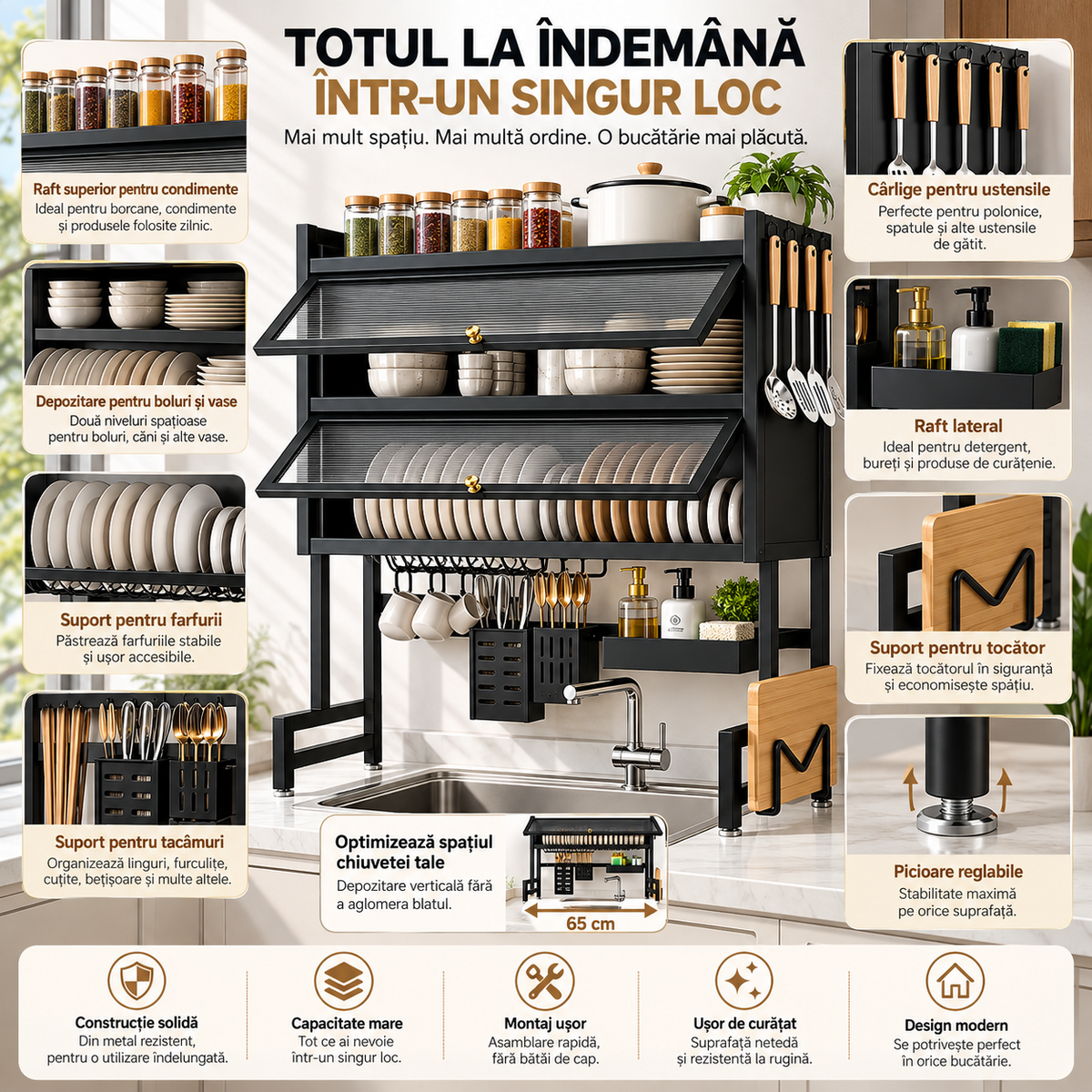 Raft Supra-Chiuvetă din Oțel Negru, cu Suport de Farfurii, Tacâmuri, Tocător și Cârlige