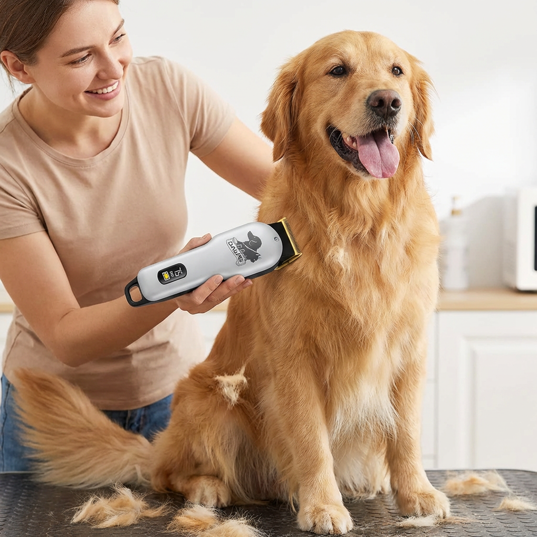 Masina De Tuns Animale Profesionala Fara Fir | 7500 RPM | 240 Minute Autonomie | Display Digital | 4 Capete + Accesorii Complete