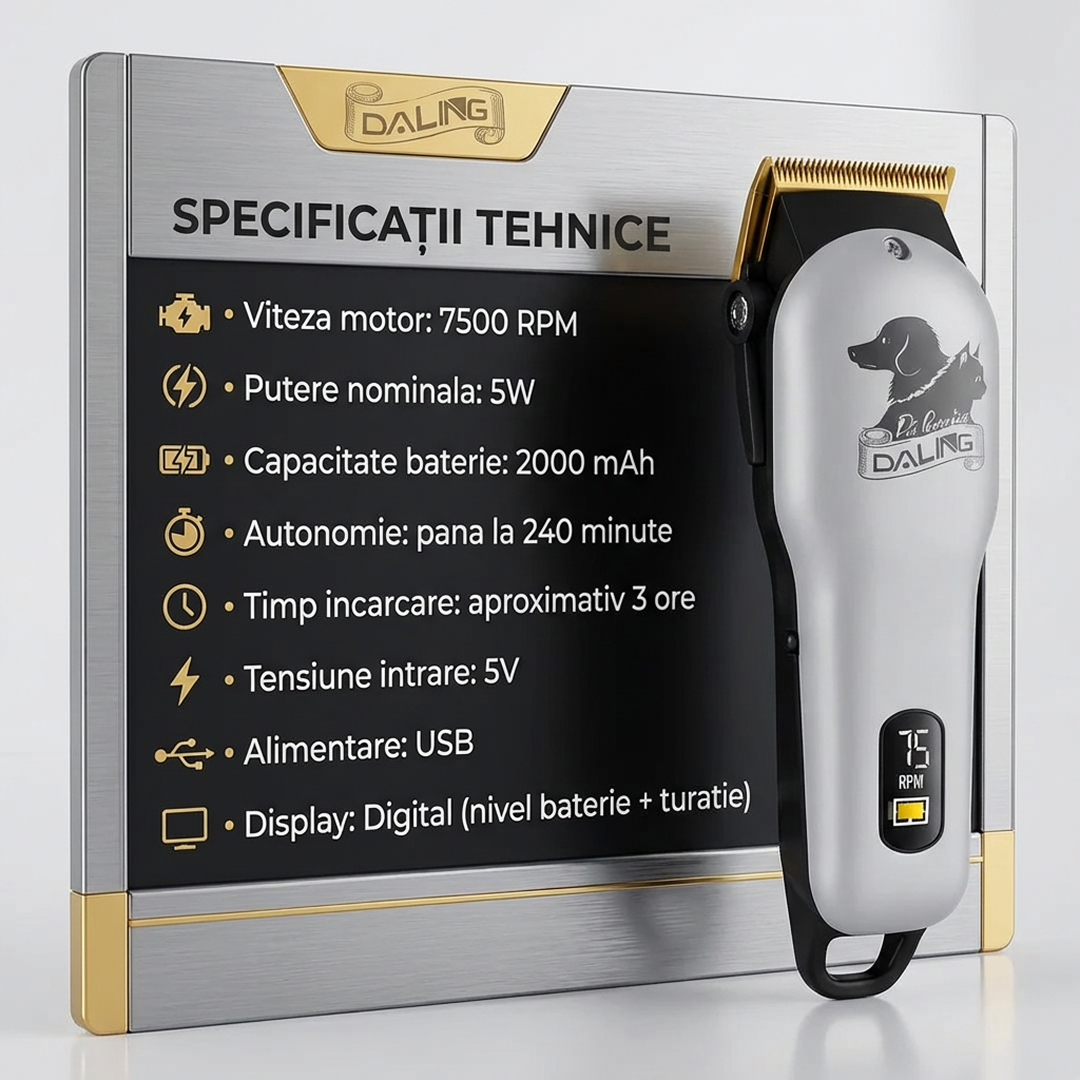 Masina De Tuns Animale Profesionala Fara Fir | 7500 RPM | 240 Minute Autonomie | Display Digital | 4 Capete + Accesorii Complete