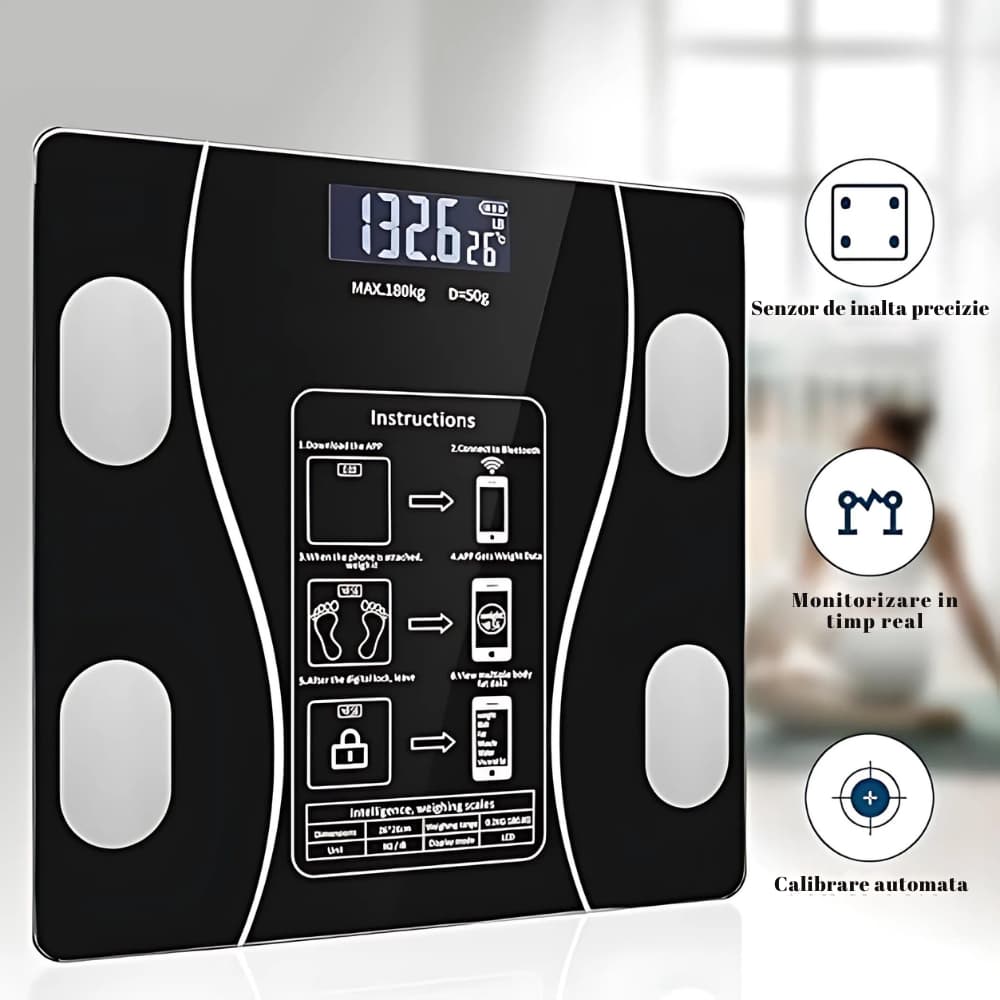 Cantar Corporal Smart | Ecran Digital Iluminat | Bluetooth Android iOS | Analiza Corporala Completa | 180 Kg Max