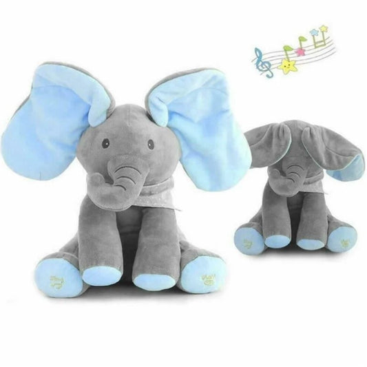 Jucarie Interactiva Elefant Cucu-Bau Muzical | Plus Moale 26 cm | Varianta Albastra | Joc Peek-a-Boo
