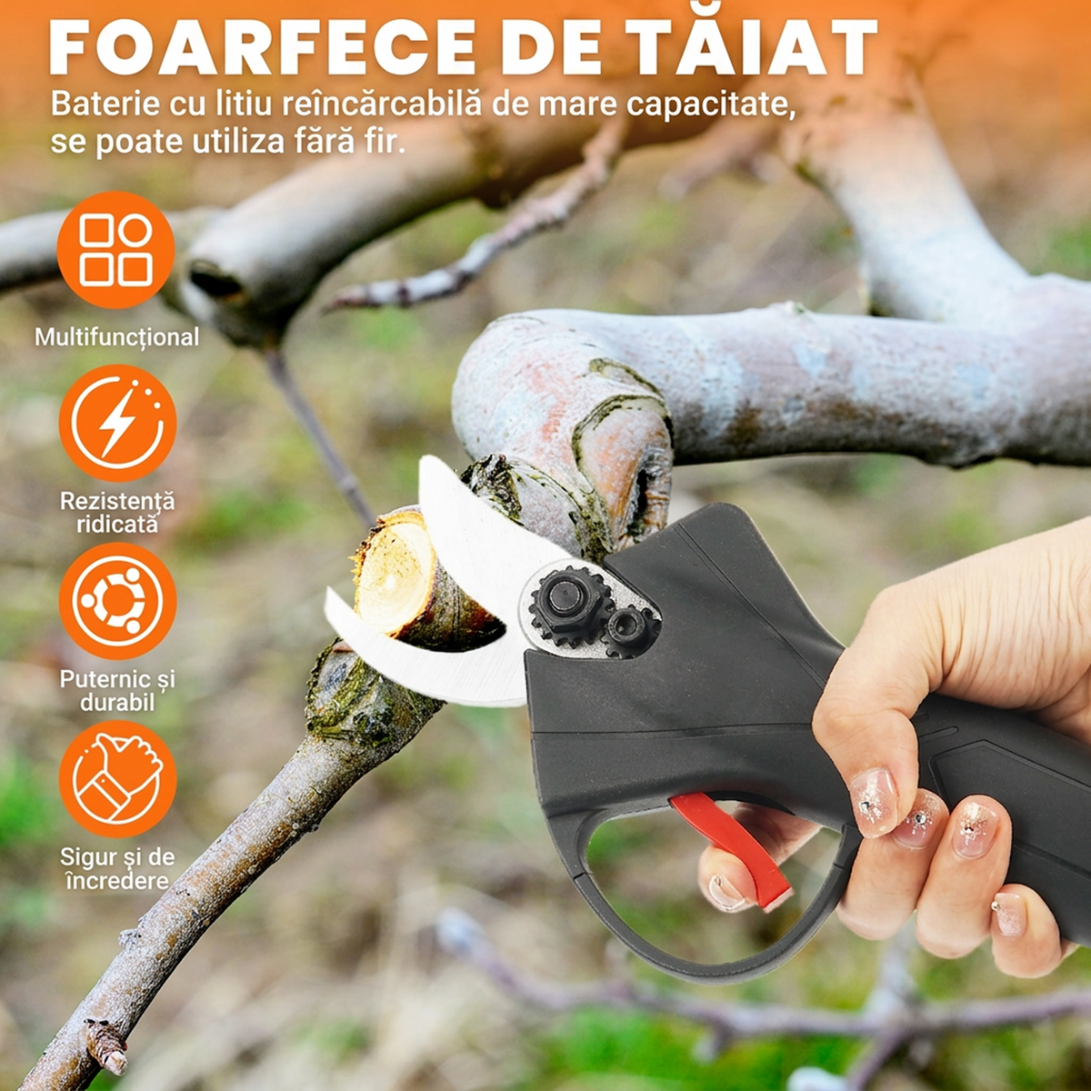 Foarfecă Electrică de Grădinărit 30 mm, Lamă Oțel Tungsten, 2 Acumulatori 48V, Valiză