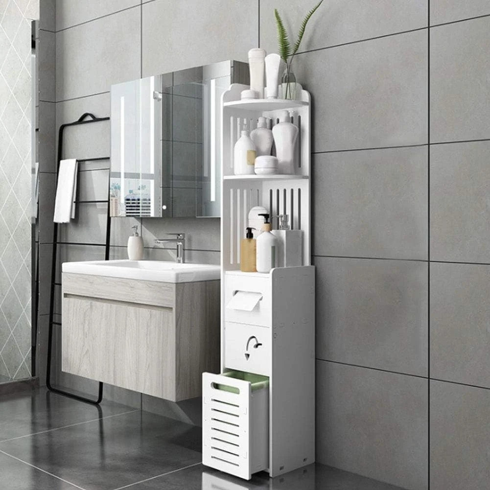 Dulap Vertical pentru Baie cu 3 Polite si 2 Sertare | Rezistent la Umiditate | Alb | 100x24x24 cm