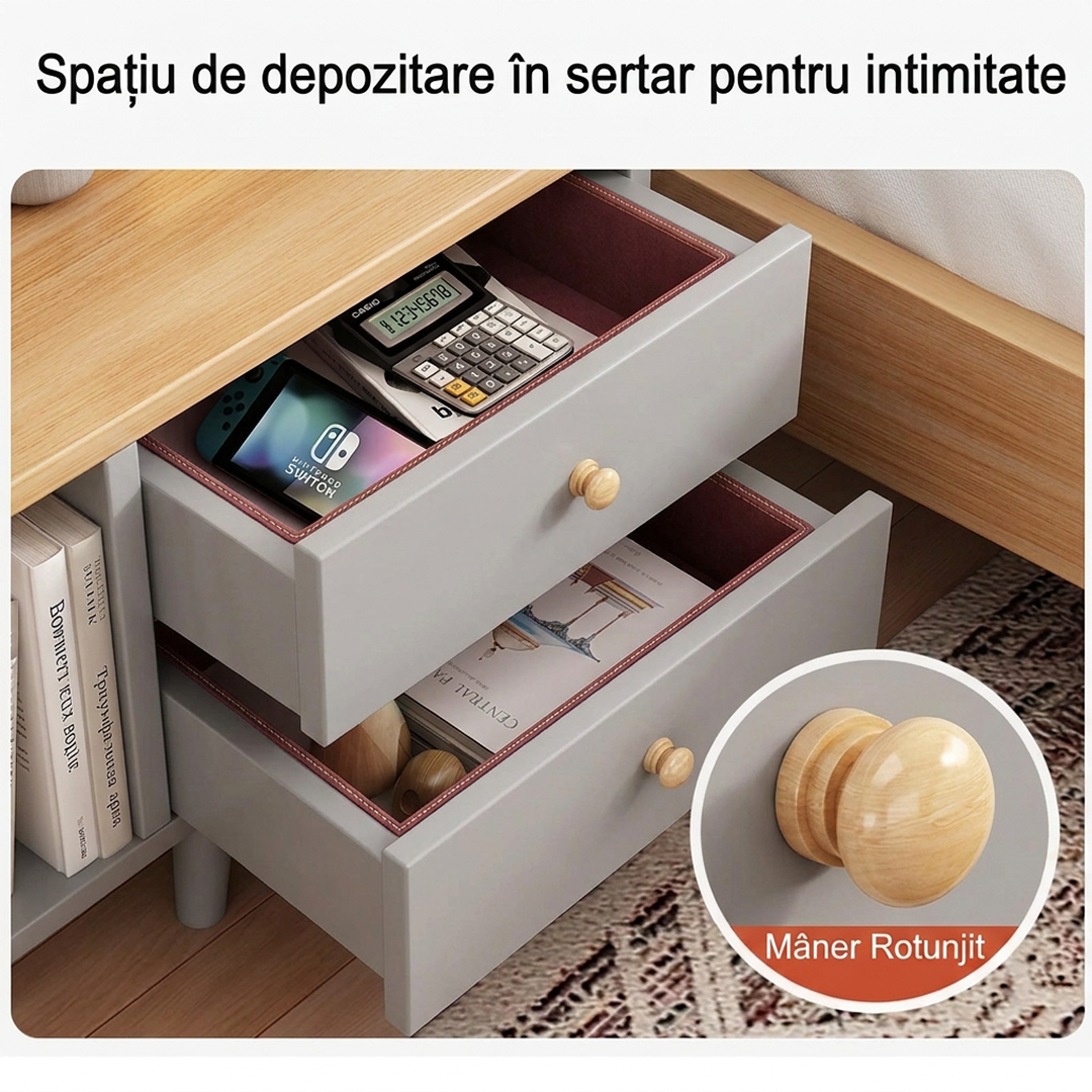 Noptiera Moderna cu 2 Sertare si Raft Superior | MDF | Picioare din Lemn | Gri | 40x30x53 cm