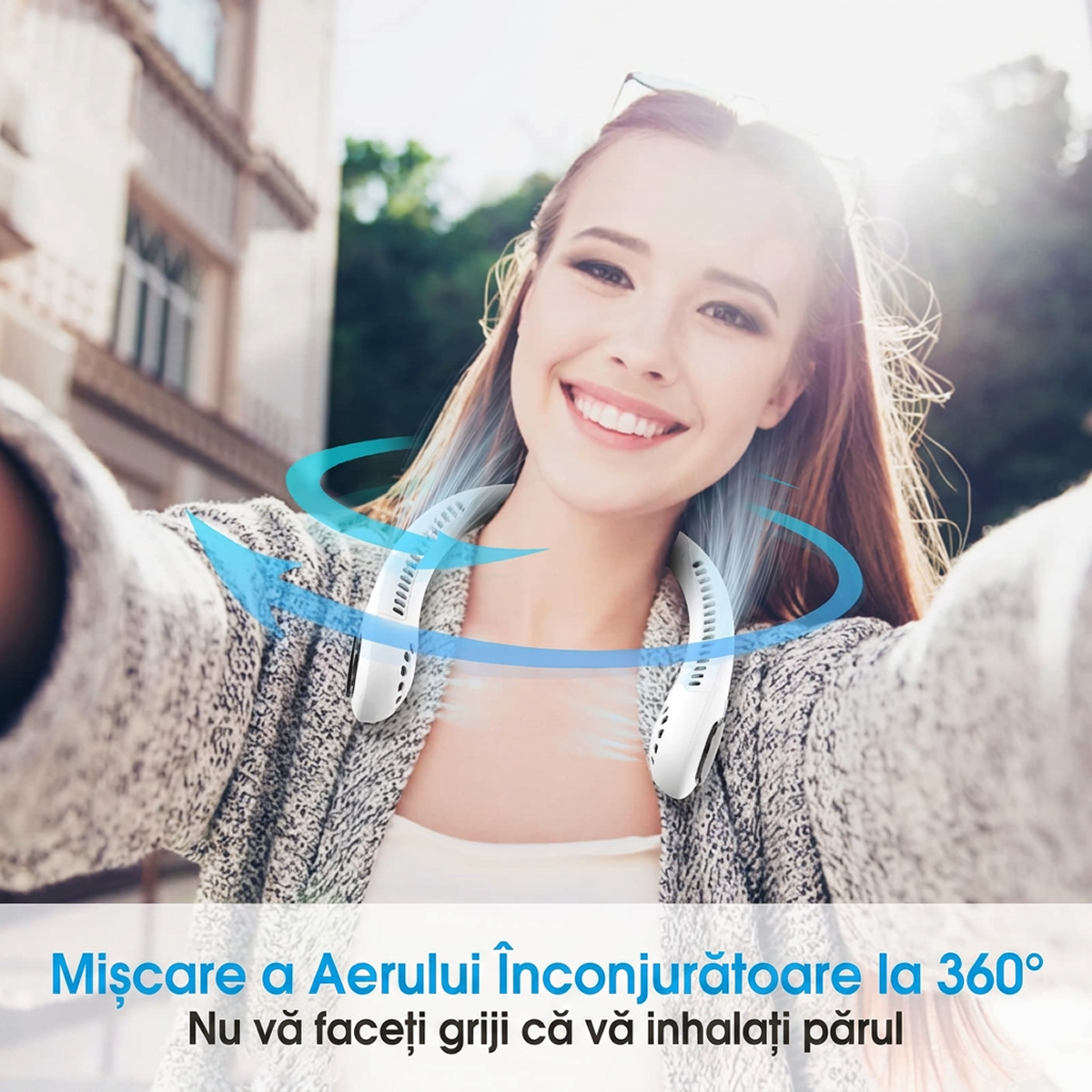 Ventilator Portabil pentru Gat | Pachet 1+1 Doua Bucati | Fara Lame 360° | 2600mAh 7 Ore | 3 Viteze | USB-C | Maini Libere