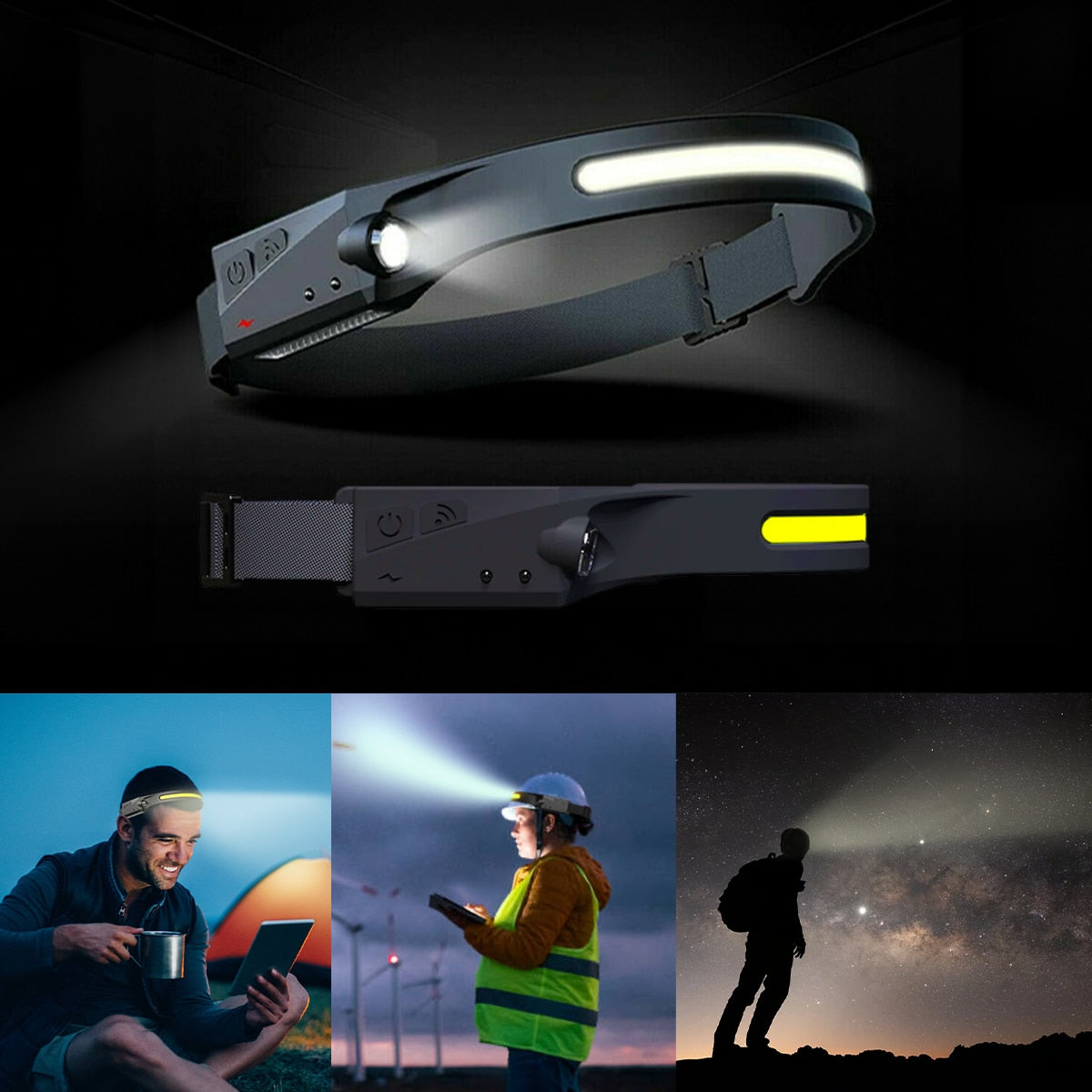 Lanternă Frontala Profesională Reîncărcabilă | Unghi Larg 230° | LED COB + XPE | 5 Moduri Iluminare