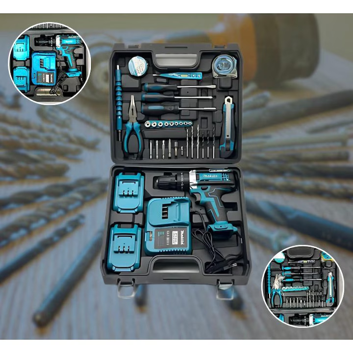 Set Bormasina cu Acumulator 48V + Mini Fierastrau | 2 Acumulatori | Accesorii Multifunctionale | Manusi Protectie | Valiza Transport