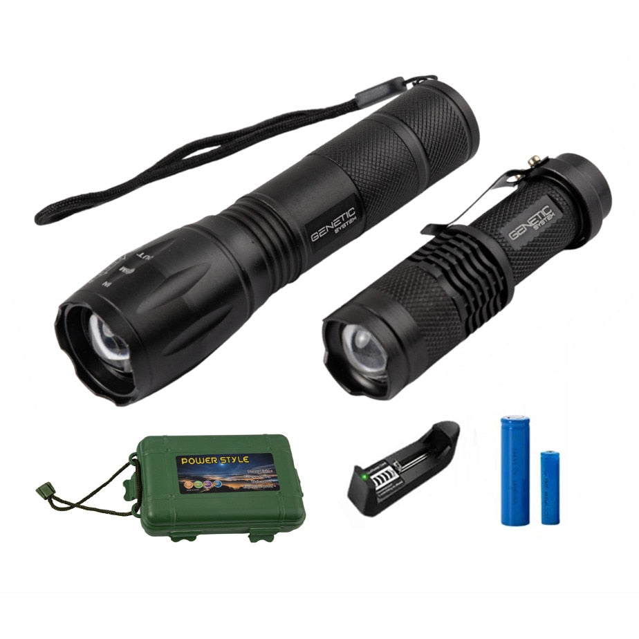 Set Profesional 2 Lanterne LED Cu Zoom | Acumulatori + Încărcător + Cutie Transport | Rezistente IPX4