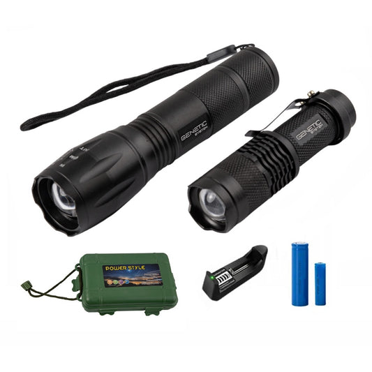 Set Profesional 2 Lanterne LED Cu Zoom | Acumulatori + Încărcător + Cutie Transport | Rezistente IPX4