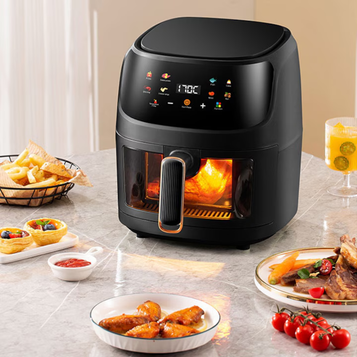 Friteuza Air Fryer 8L 2400W | Fara Ulei | 8 Programe | Afisaj LED | Geam Vizibil | Circulatie Aer 360° | Functie Memorare
