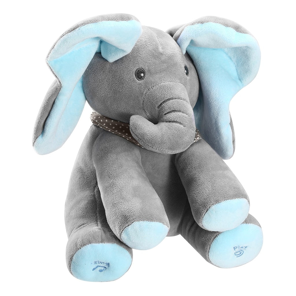 Jucarie Interactiva Elefant Cucu-Bau Muzical | Plus Moale 26 cm | Varianta Albastra | Joc Peek-a-Boo