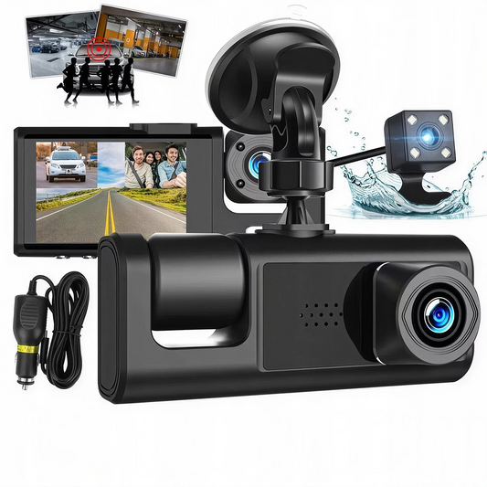 Camera Auto Bord Tripla DVR | Full HD 1080P | Fata + Spate + Interior | Ecran IPS 2" | G-Senzor | Detectie Miscare | Inregistrare Ciclica