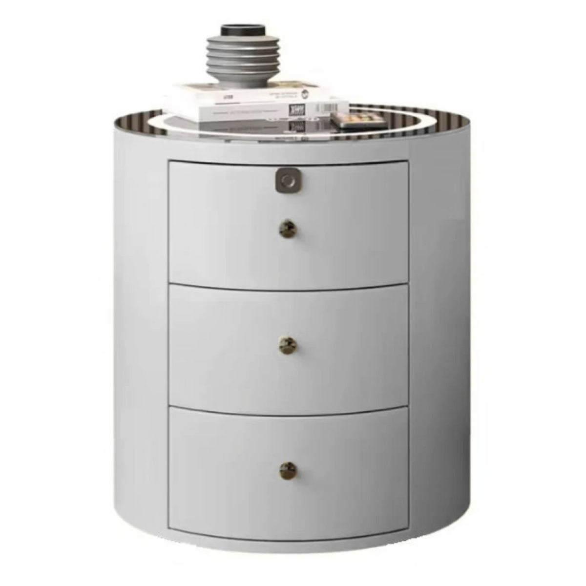 Noptieră Smart Rotundă Albă cu 3 Sertare, Încărcare Wireless, Boxă și Blocare cu Amprentă