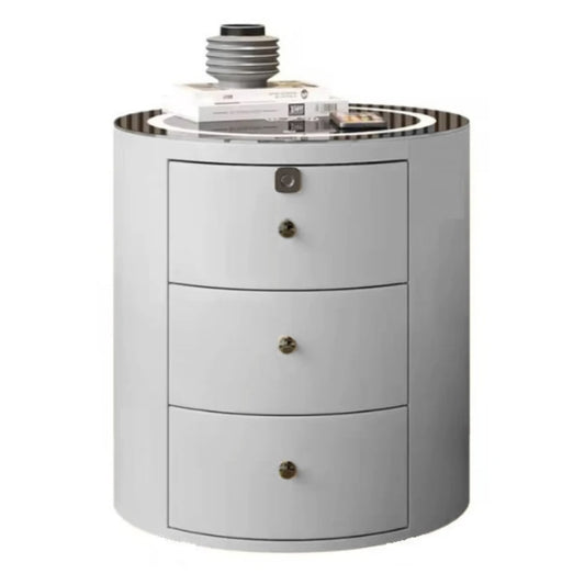 Noptieră Smart Rotundă Albă cu 3 Sertare, Încărcare Wireless, Boxă și Blocare cu Amprentă