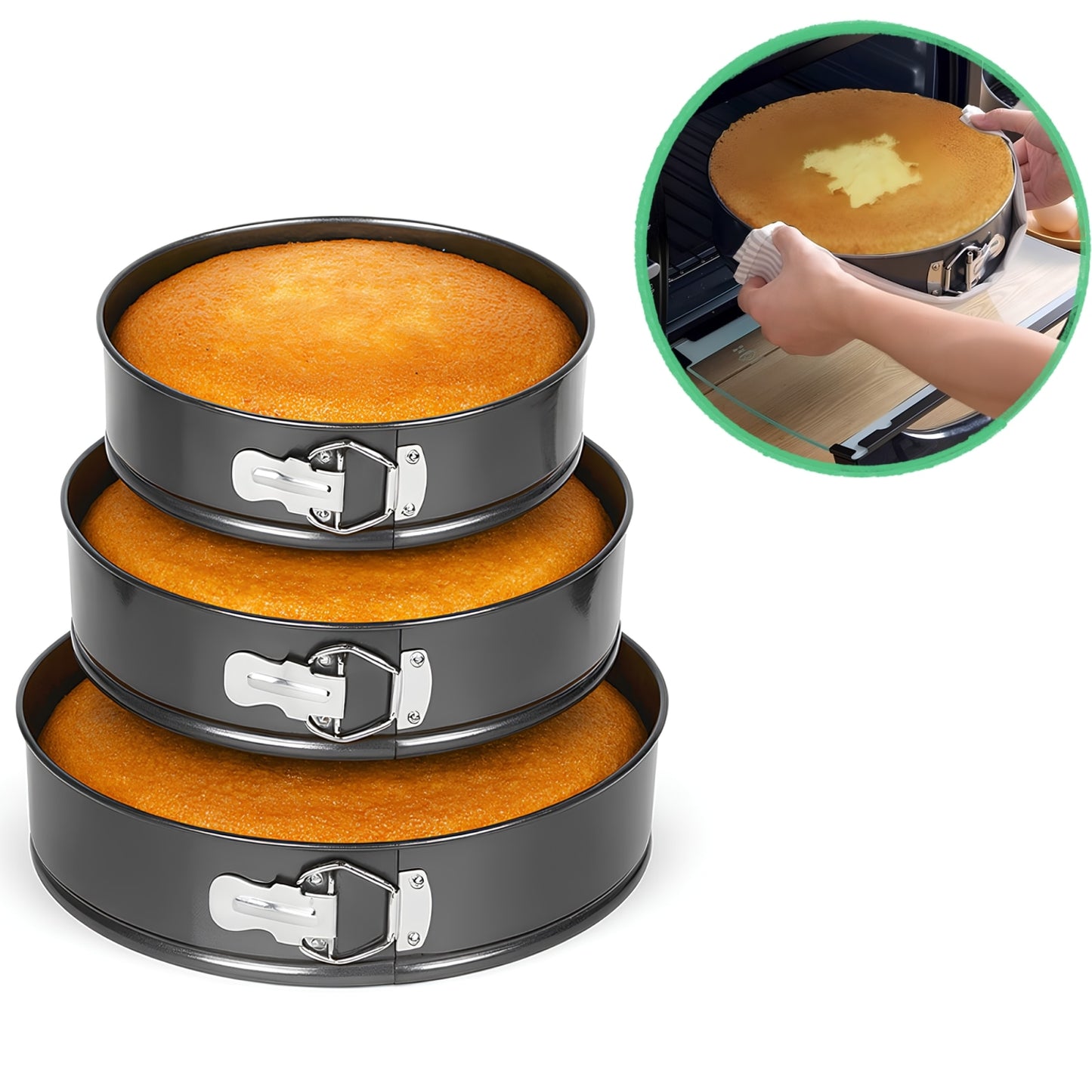 Set 3 Tavi Rotunde pentru Copt | Baza Detasabila | 24 / 26 / 28 cm | Negru | Pentru Torturi si Prajituri