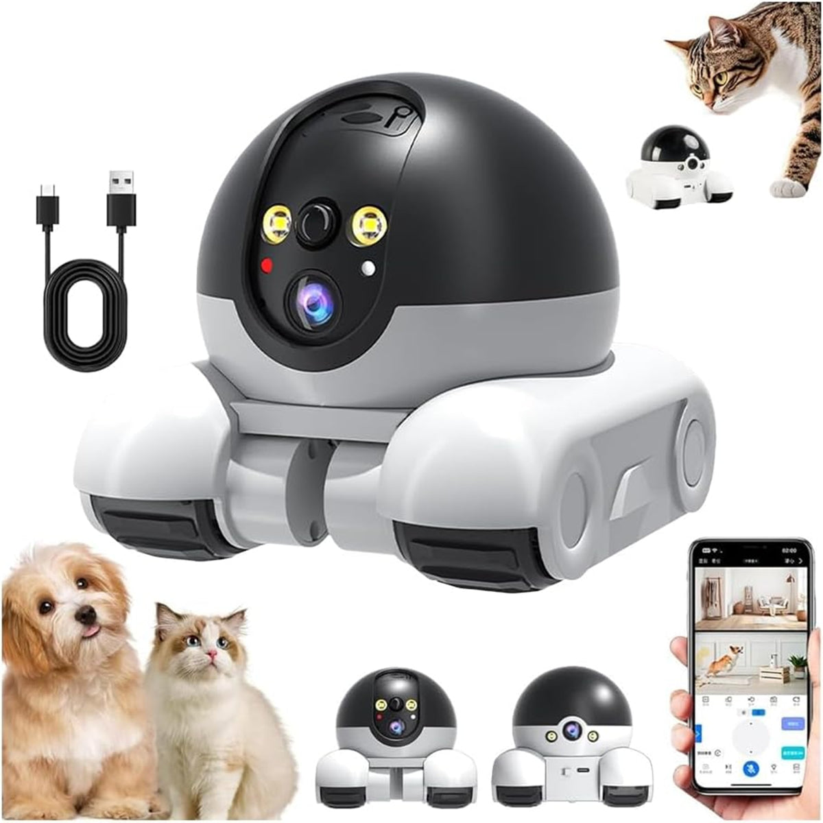 Cameră Robot Mobilă pentru Animale de Companie, 2 Camere Full HD, Laser, Card 32 GB