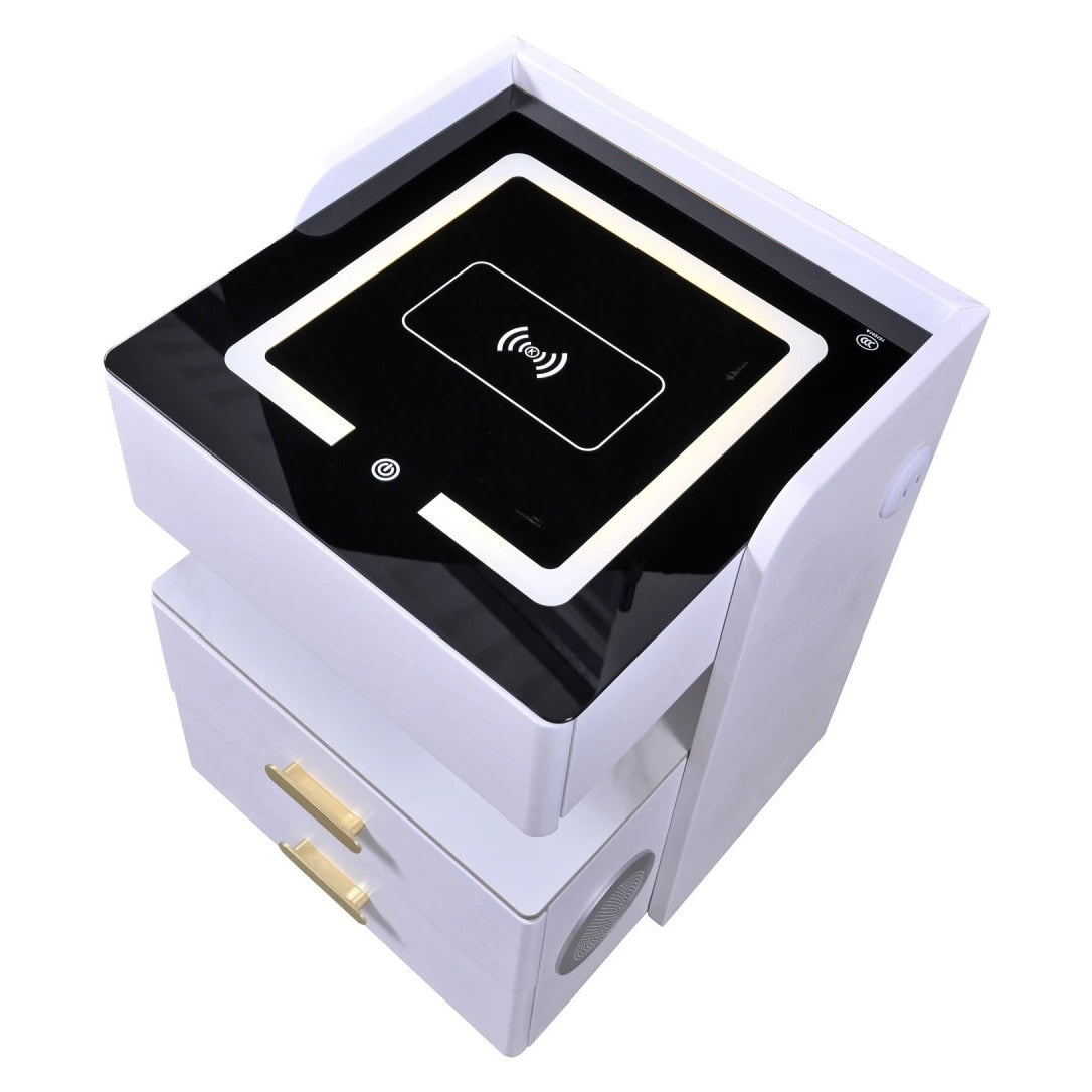 Noptieră Smart Albă cu 3 Sertare, Încărcare Wireless, LED Touch și Boxă Bluetooth