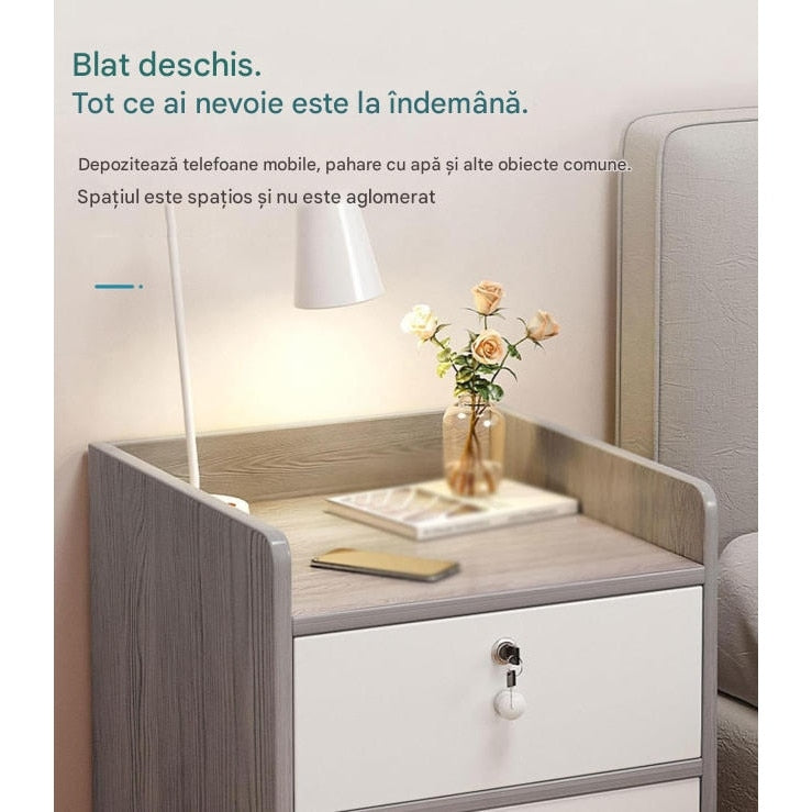 Noptiera cu Sertar si Incuietoare | Blat cu Margini de Protectie | Design Compact | Gri | 40x32x26 cm