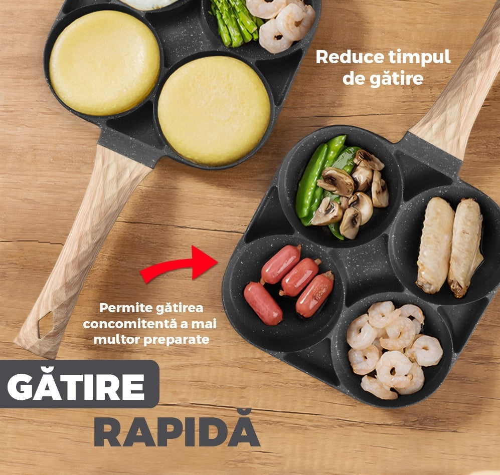 Tigaie Antiaderenta Cu 4 Compartimente | Maner Lemn | Compatibila Cu Inductie Si Aragaz